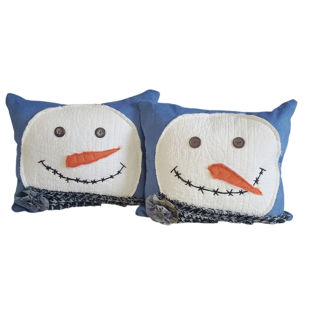 NEW Homemade Snowman Decorative Pillow Set - Blue and White
